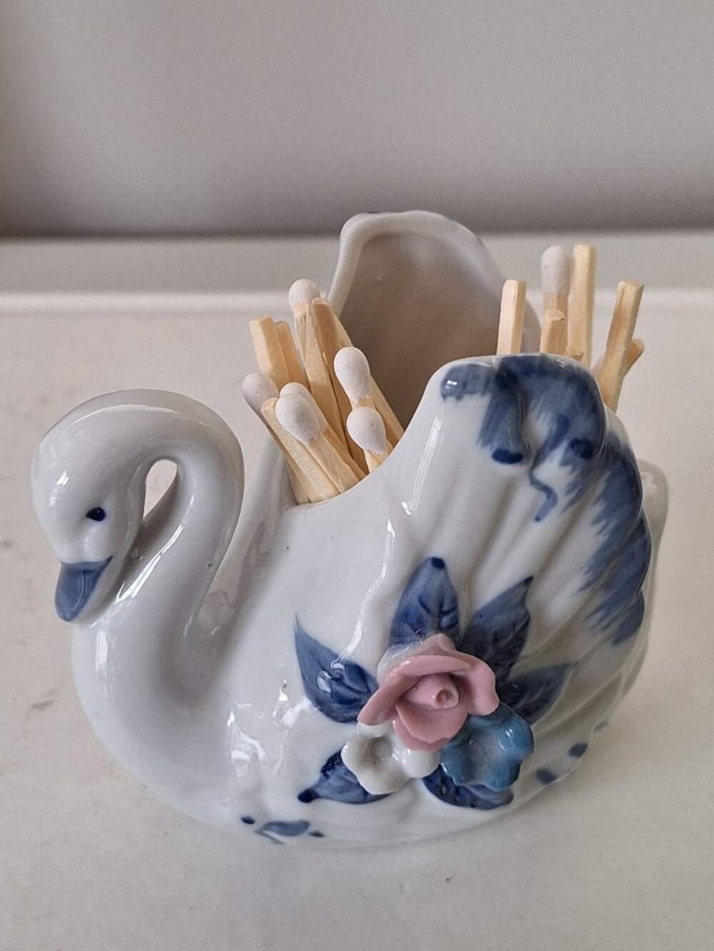 vintage blue & white swan bird toothpick / matches / qtip holder / mini planter